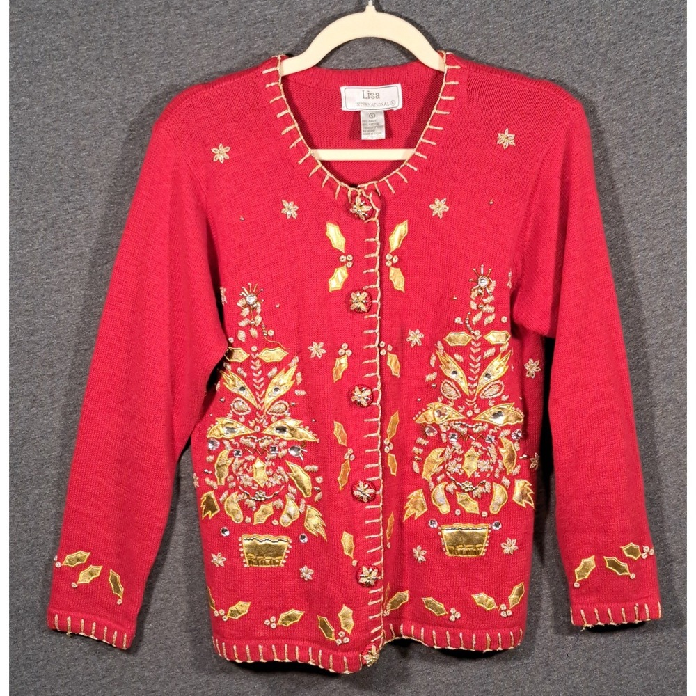 Lisa International Red Gold Embroidered Christmas Tree Cardigan Sweater Small